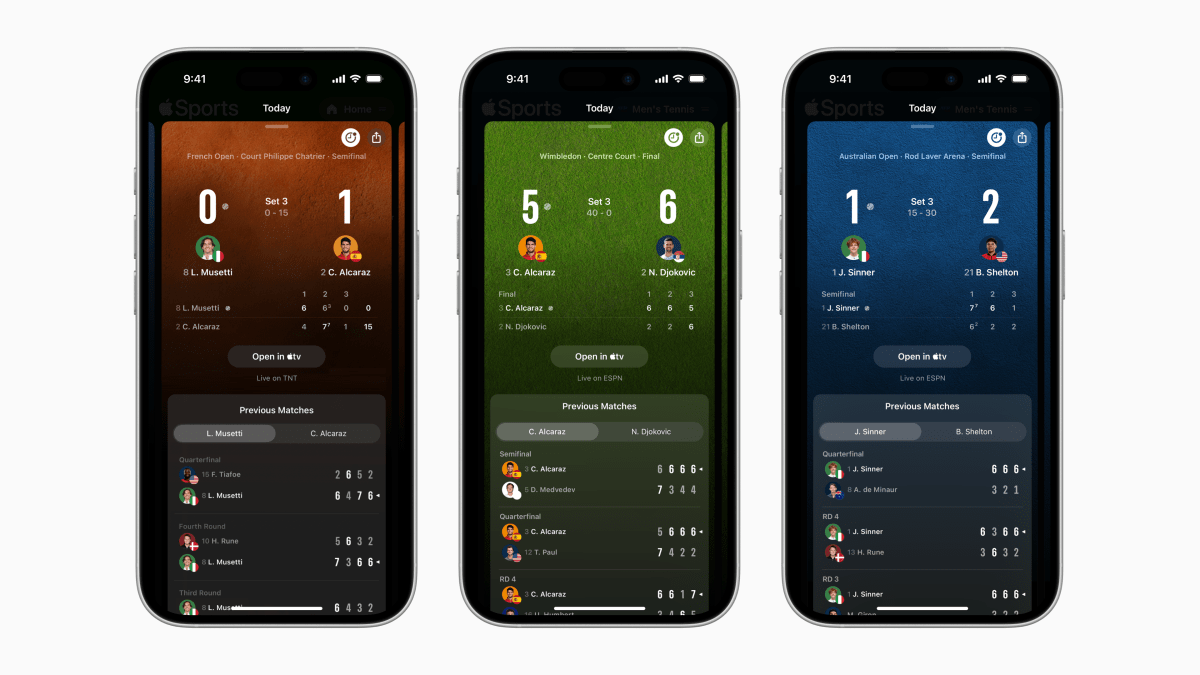 Apple Sports app adds live tennis scores and a redesigned home screen