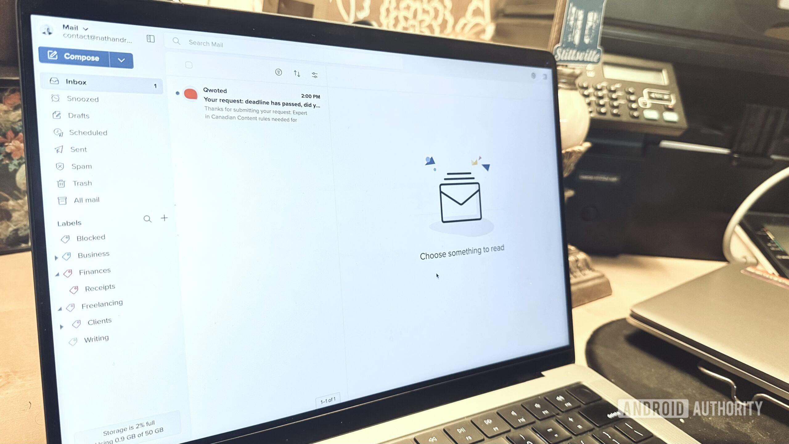 The Fastmail inbox on a laptop.