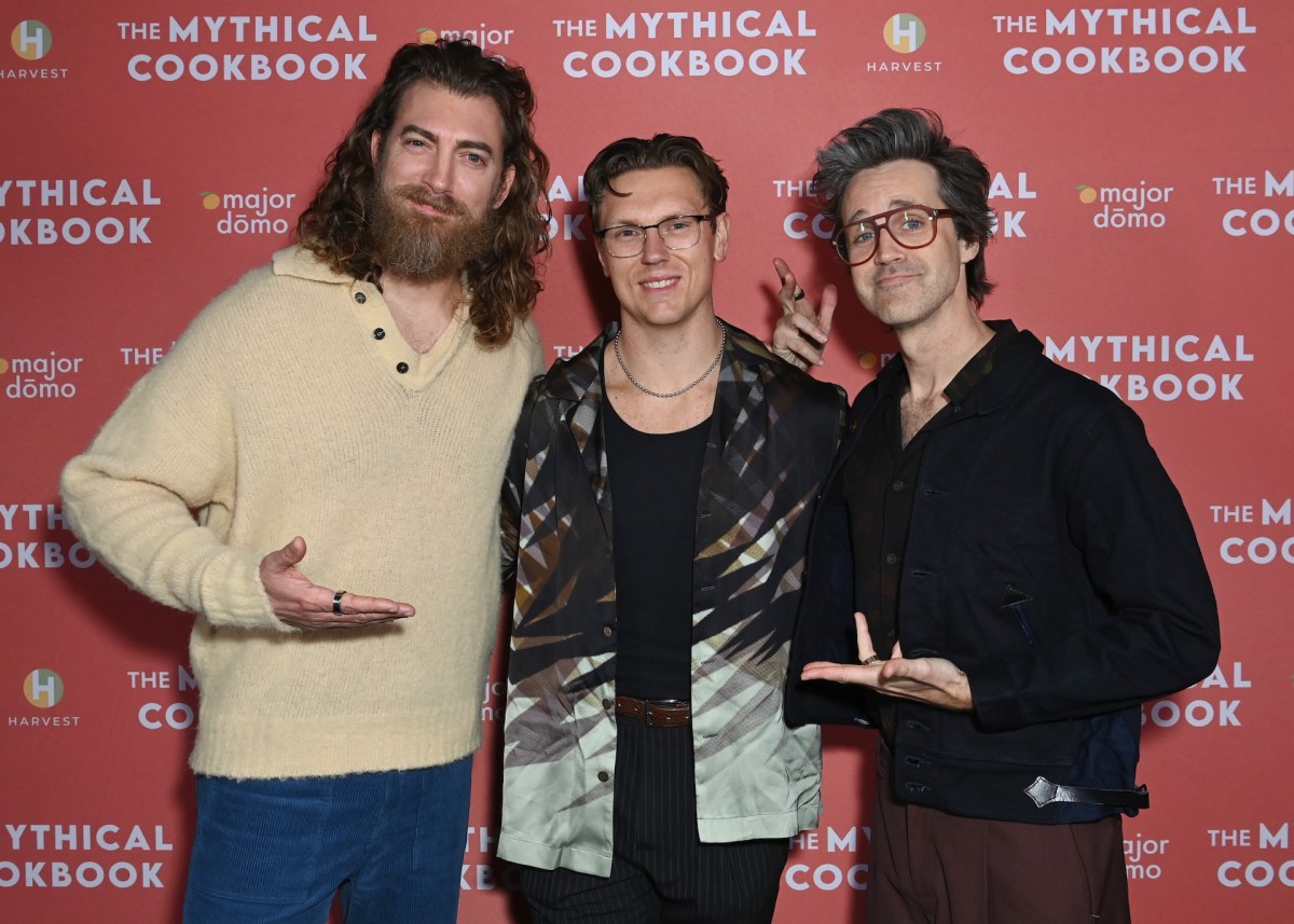 Rhett McLaughlin, Josh Scherer and Link Neal attend The Mythical Cookbook VIP Launch Party at Majordomo on March 07, 2024 in Los Angeles, California.