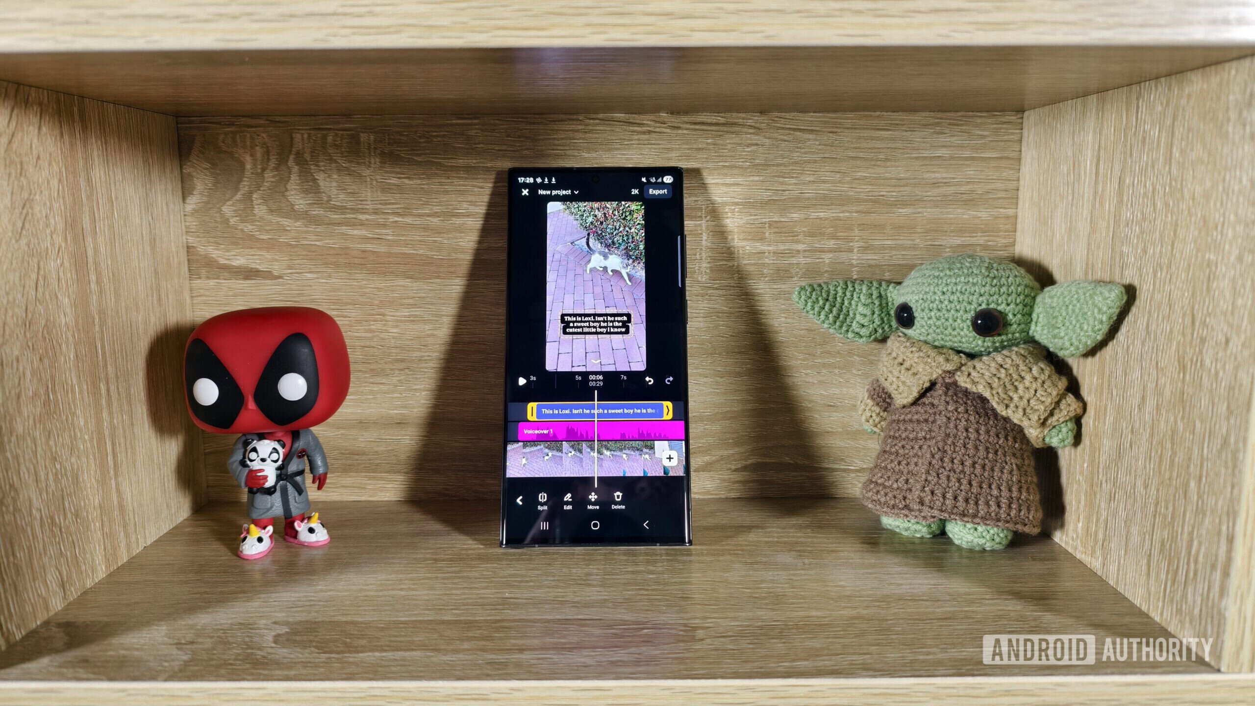 a smartphone in a table cubby showing the edits video editing app