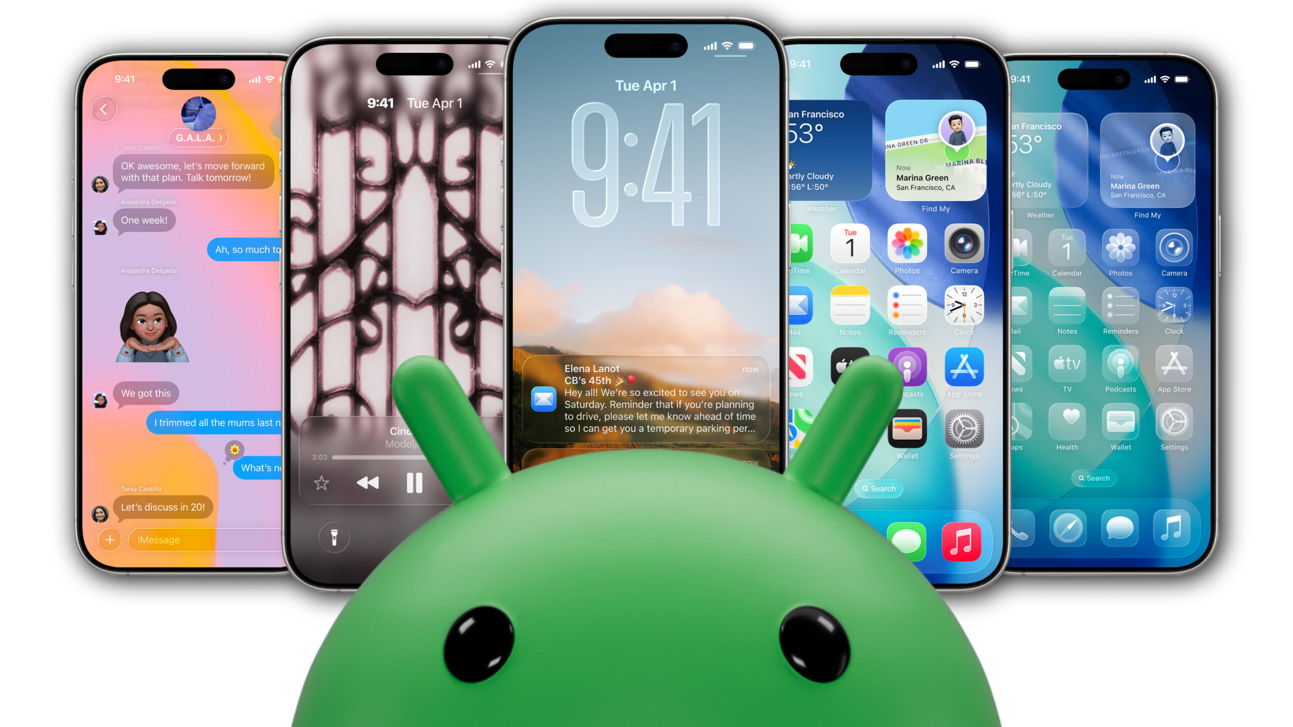 Android logo on top of iOS 26 render.