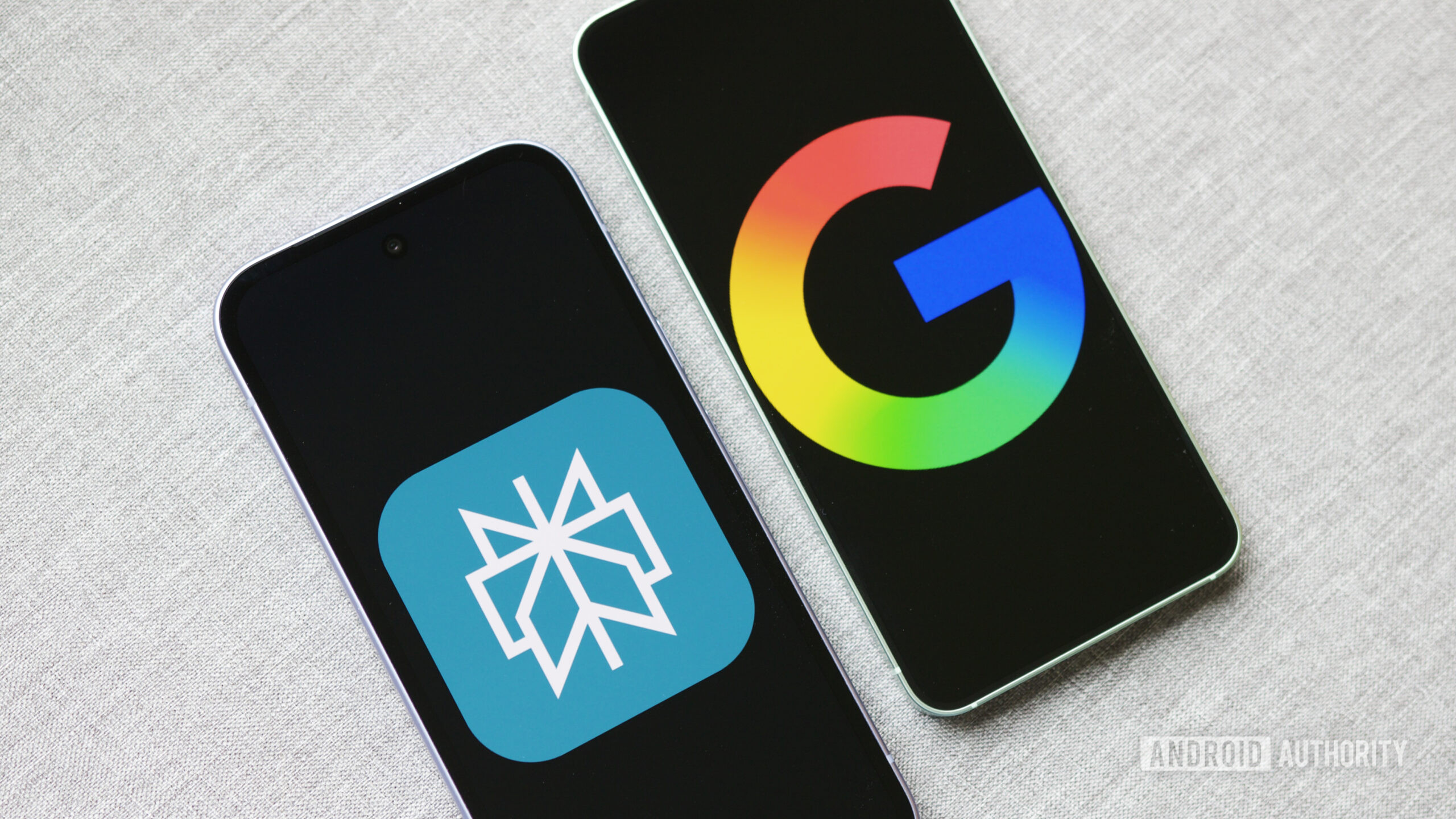 Two Android phones, one showing the Perplexity logo and another showing the Google logo.