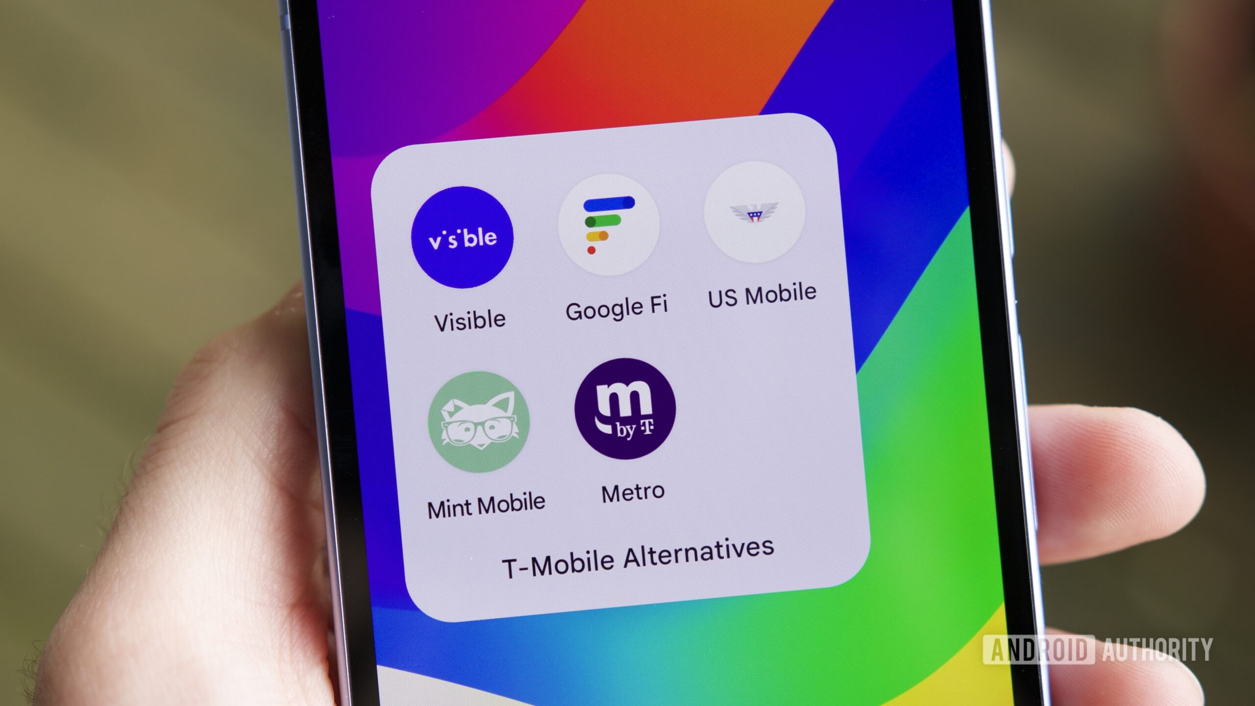 An app folder on an Android phone labeled "T-Mobile Alternatives."
