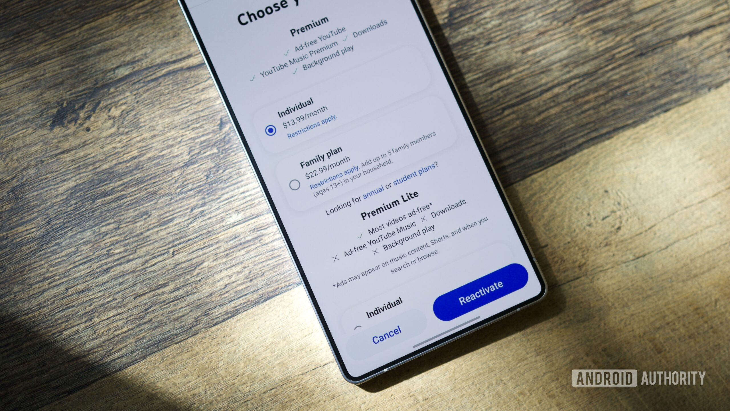 YouTube Premium plan options in the YouTube app.
