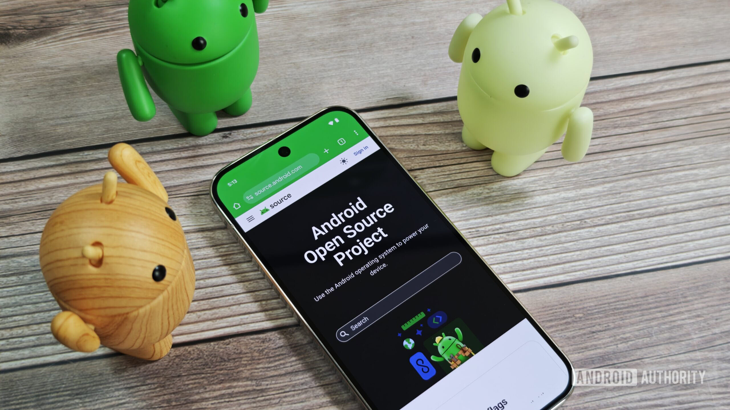 Android Open Source Project landing page on an Android phone