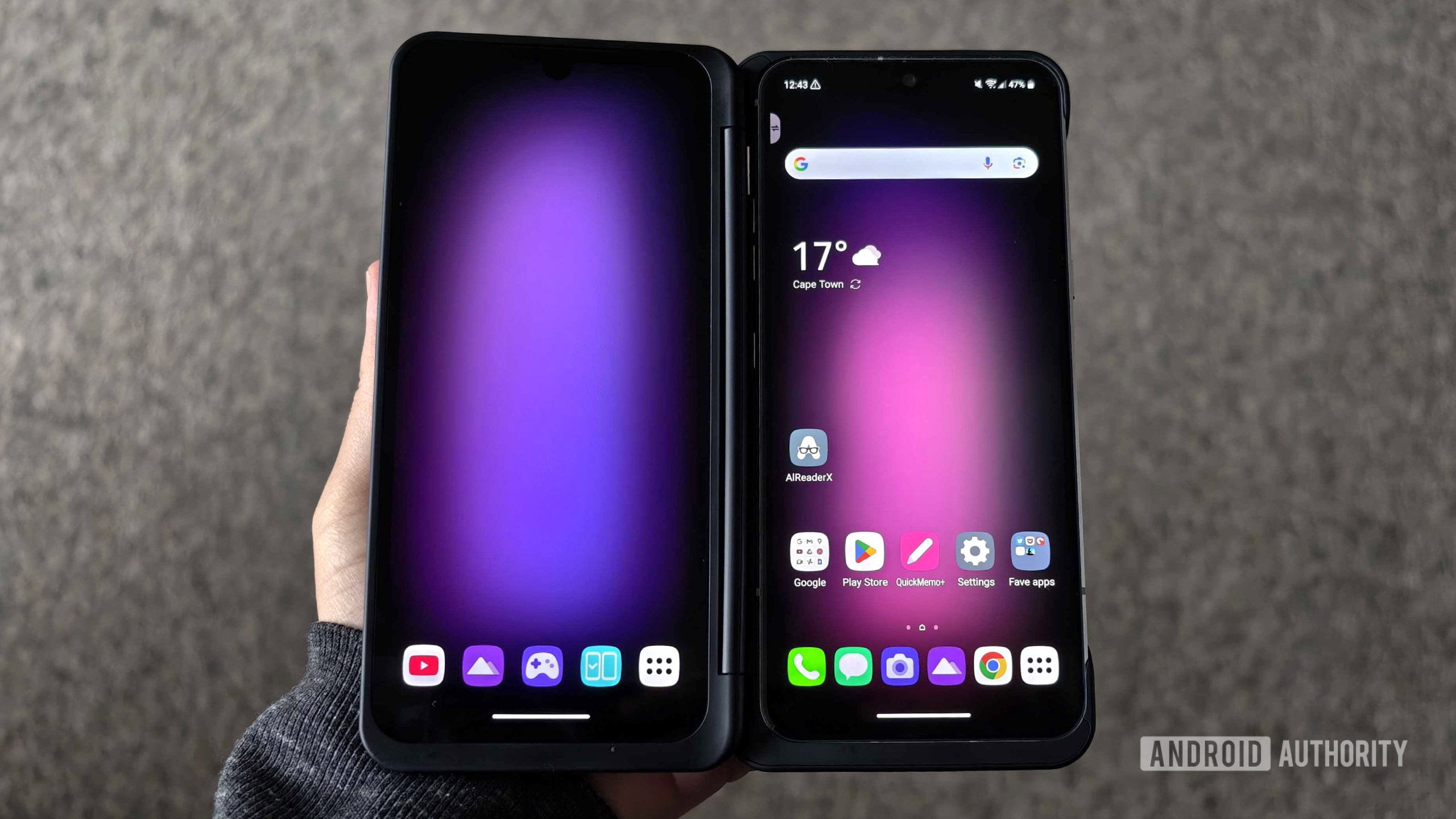 LG V60 dual screen case open in hand