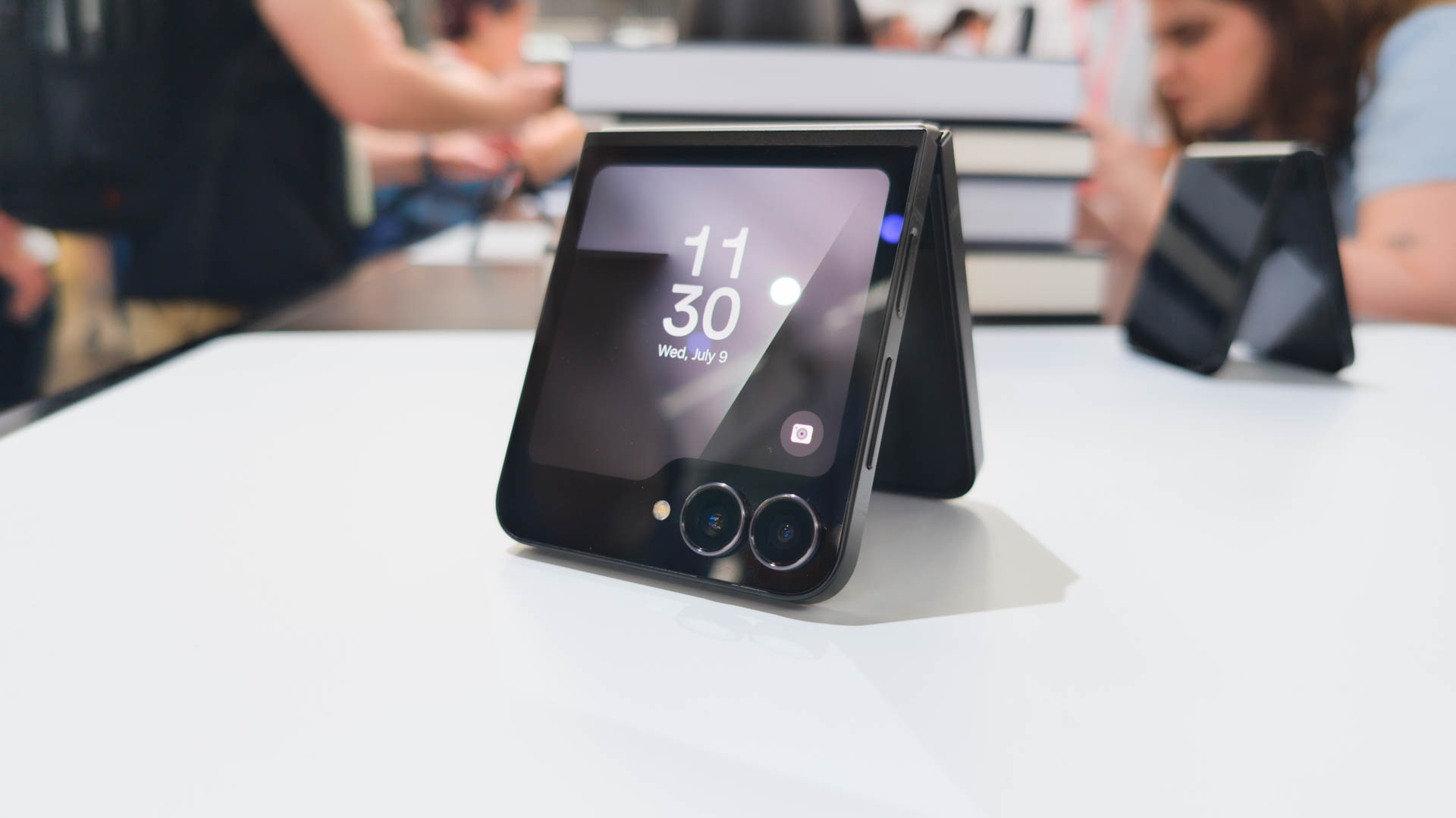 Samsung Galaxy Z Flip 7 FE in Black folded in tent style on table