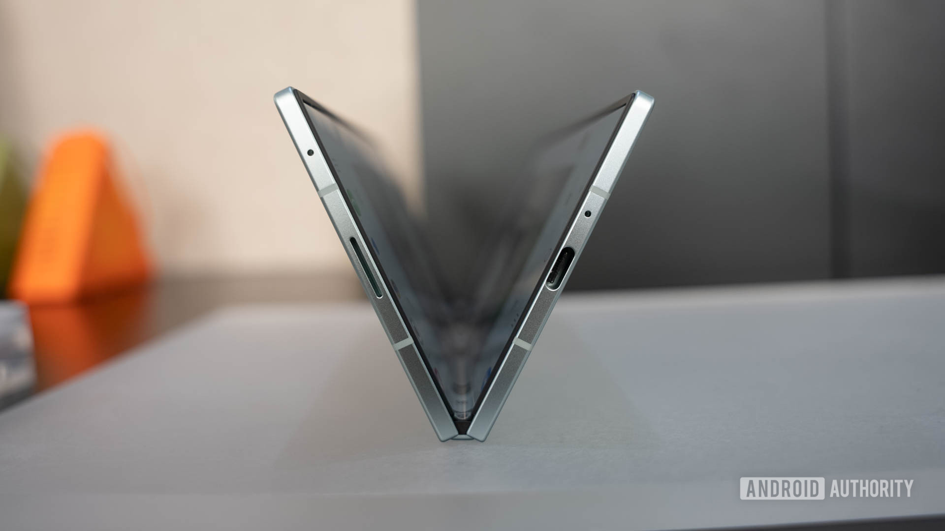 Samsung Galaxy Z Fold 7 in Mint standing on table in a V formation