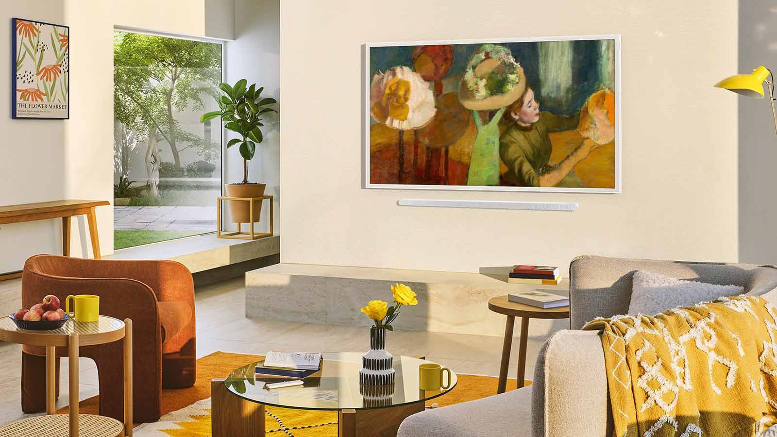 Samsung The Frame LS03FA 65 Inch Smart TV in living room with matching furniture