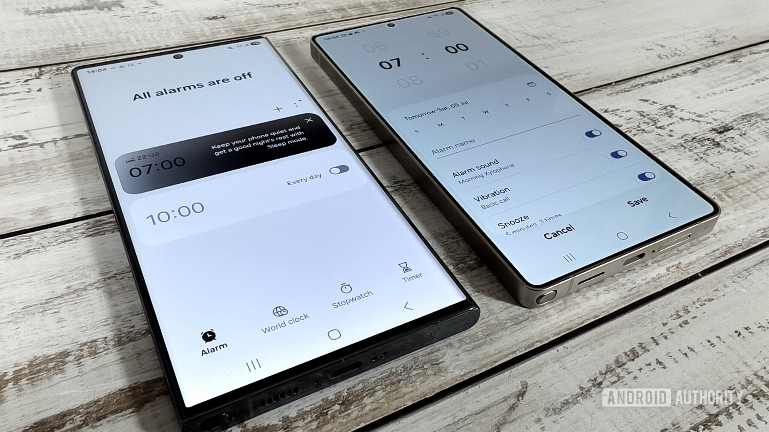 a galaxy s23 ultra and s25 ultra side by side showing different parts of the samsung clock app