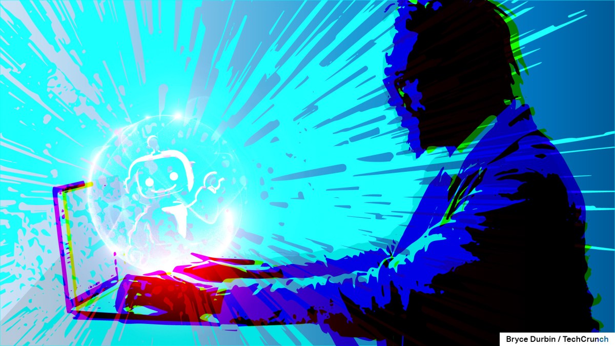 an illustration of a person using an AI chatbot on a blue, explosive background