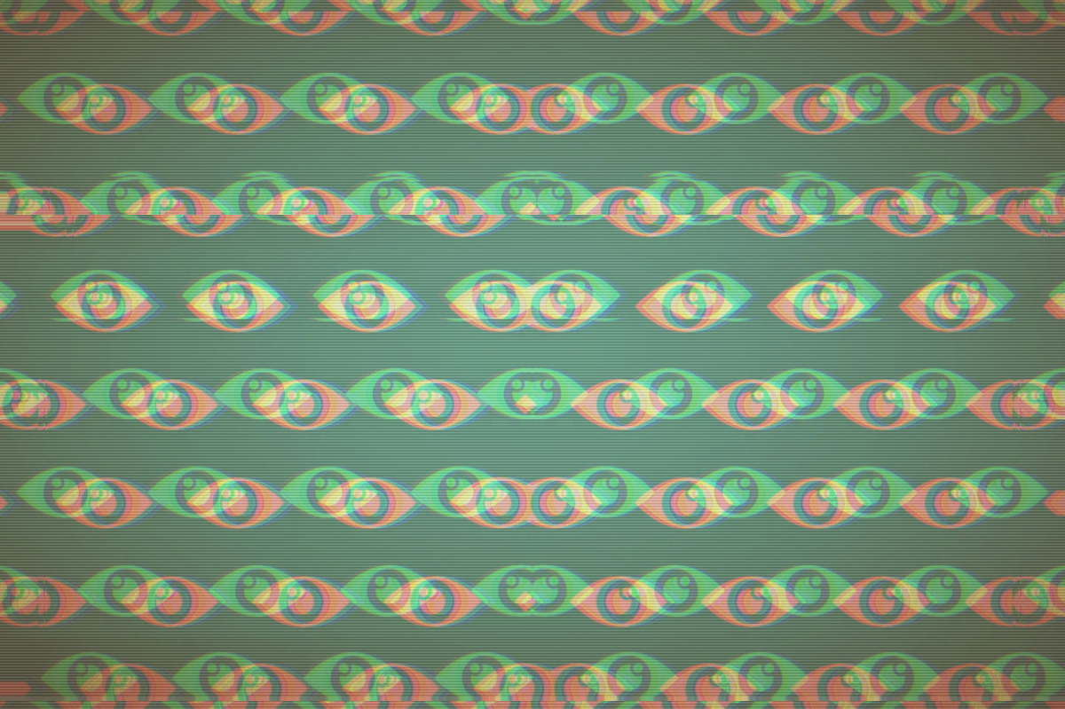 a collection of patterned illustrated eyes in green and red on a darker green background.