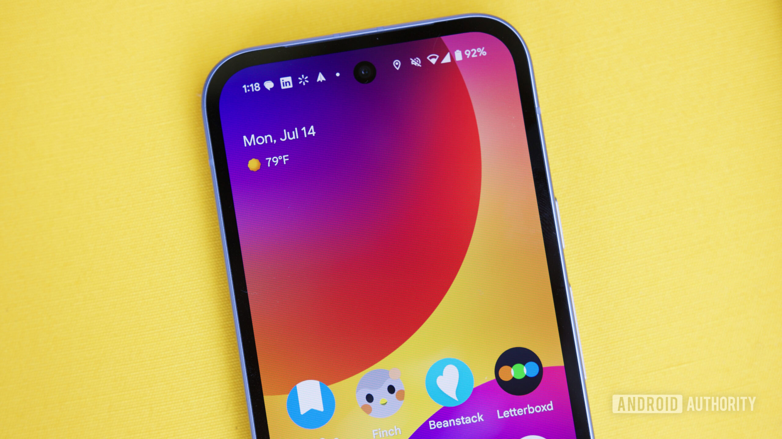Close-up picture of the At a Glance widget on a Google Pixel 9a.