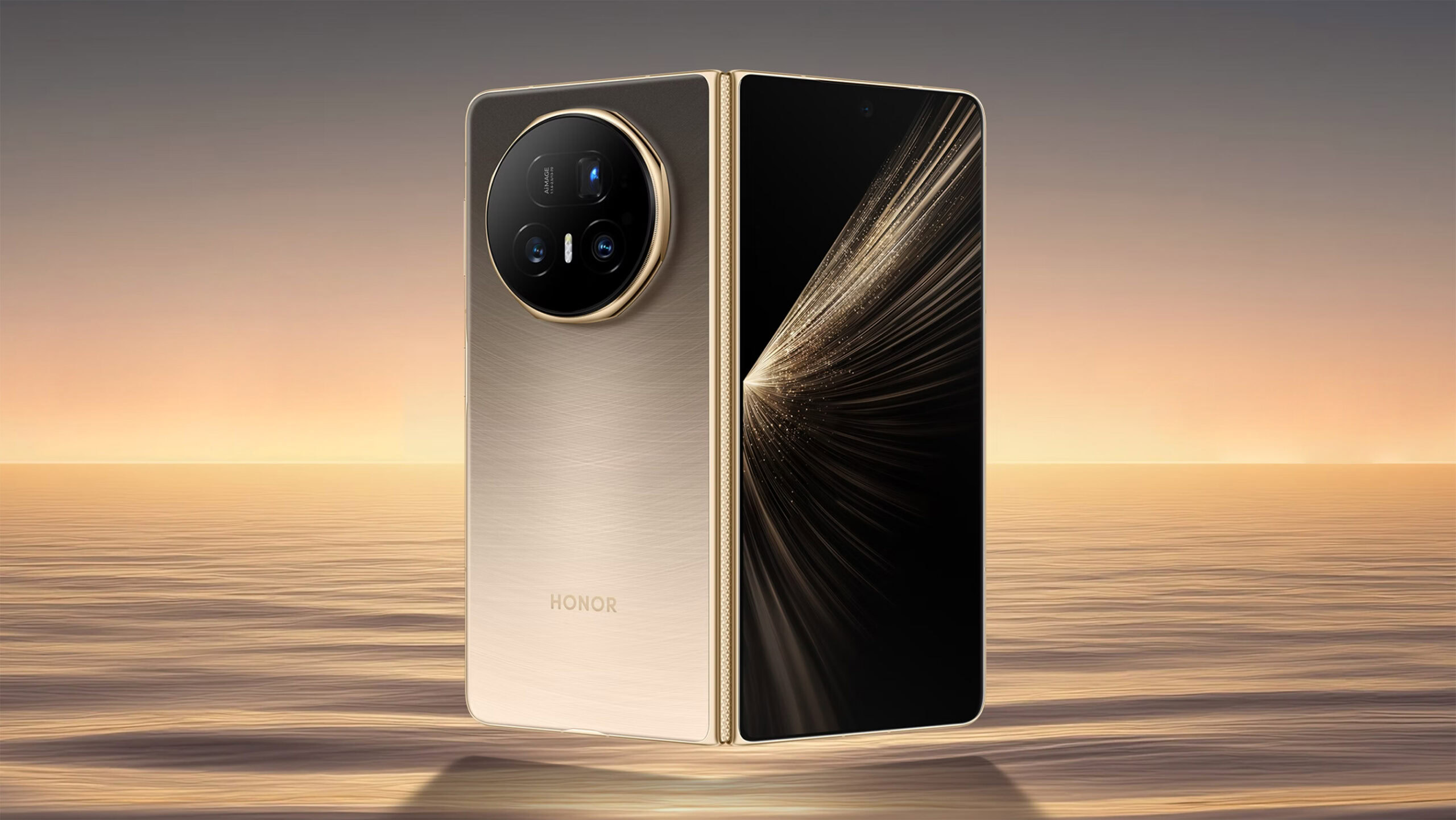 Honor Magic V5 thinnest foldable in gold.