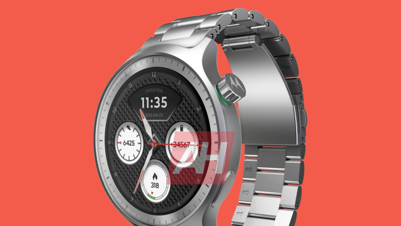 Render of the Moto 360 (2025) against an orange/red background.