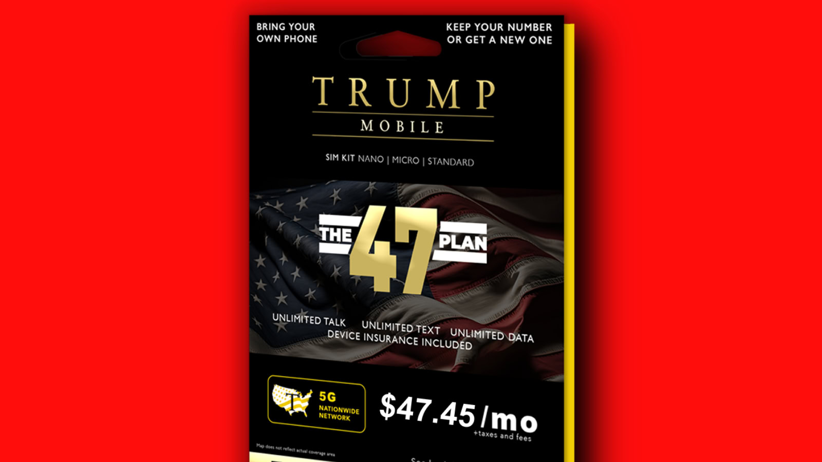 A render of Trump Mobile's 47 Plan SIM card kit.